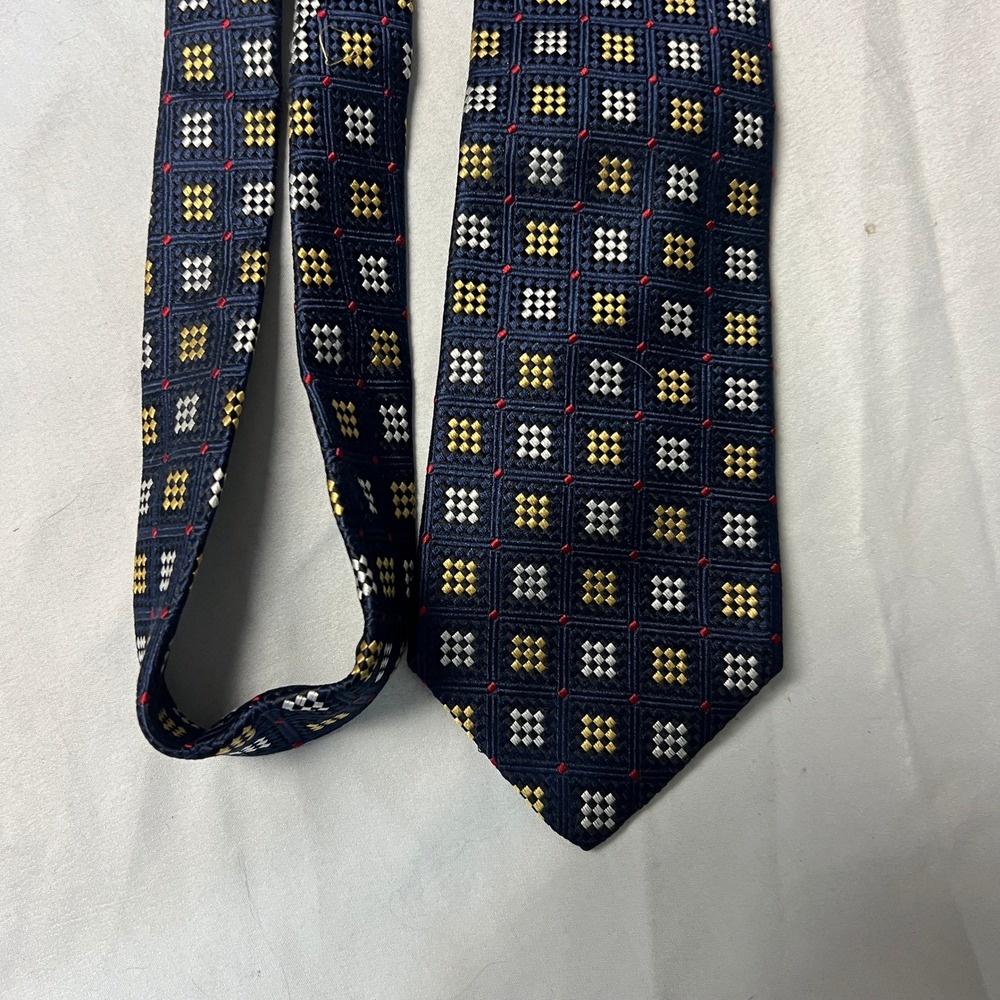 Lands End Silk Classic 4" Geometric Dice Pattern Necktie Blue Gold White Red